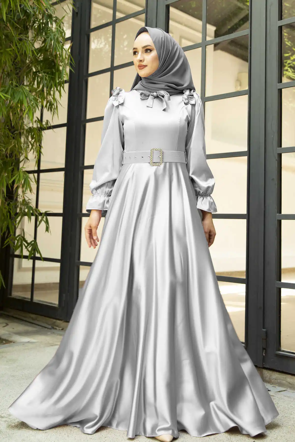 Kemerli Satin Evening Dress Gray Winter Autumn 2021 Muslim Women Hijab headscarf Islamic Turkey