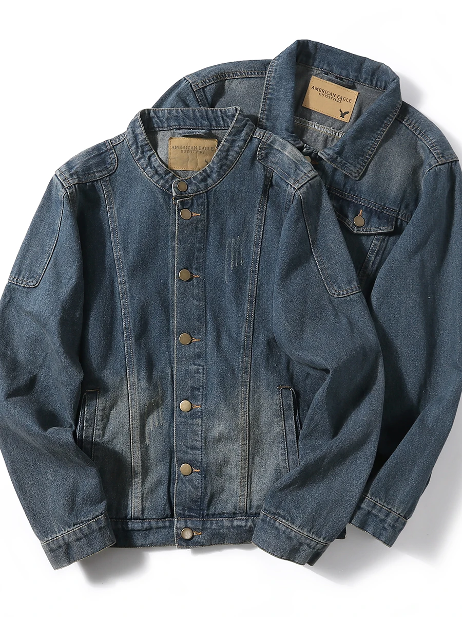 

Ретро-джинсовая куртка в американском стиле, повседневная, модная, с воротником-стойкой, свободного кроя, из хлопка, верхняя одежда