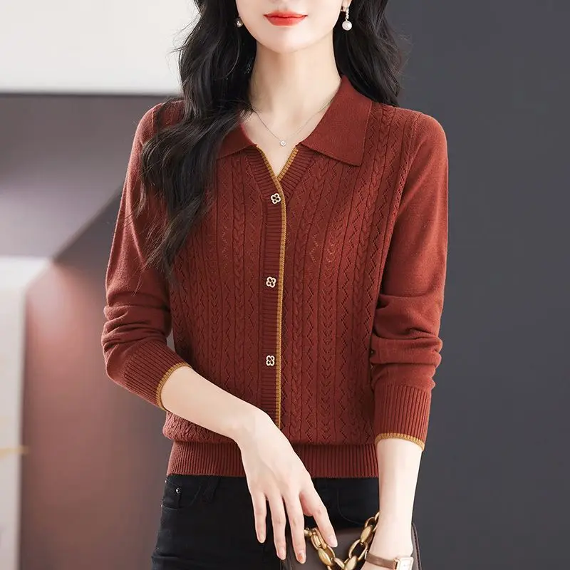 

Womens Sweater Pullover Spring Autumn New Color Matching Lapel Long-sleeved Knitted Jumper Female Sweater Outer Bottoming Shirt