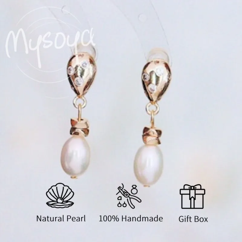 

MYSOYA White Pink Rice-shaped Freshwater Pearl Earrings 8-9mm With Gift Box For Her/Him Birthday/Wedding/Christmas/New Year Gift