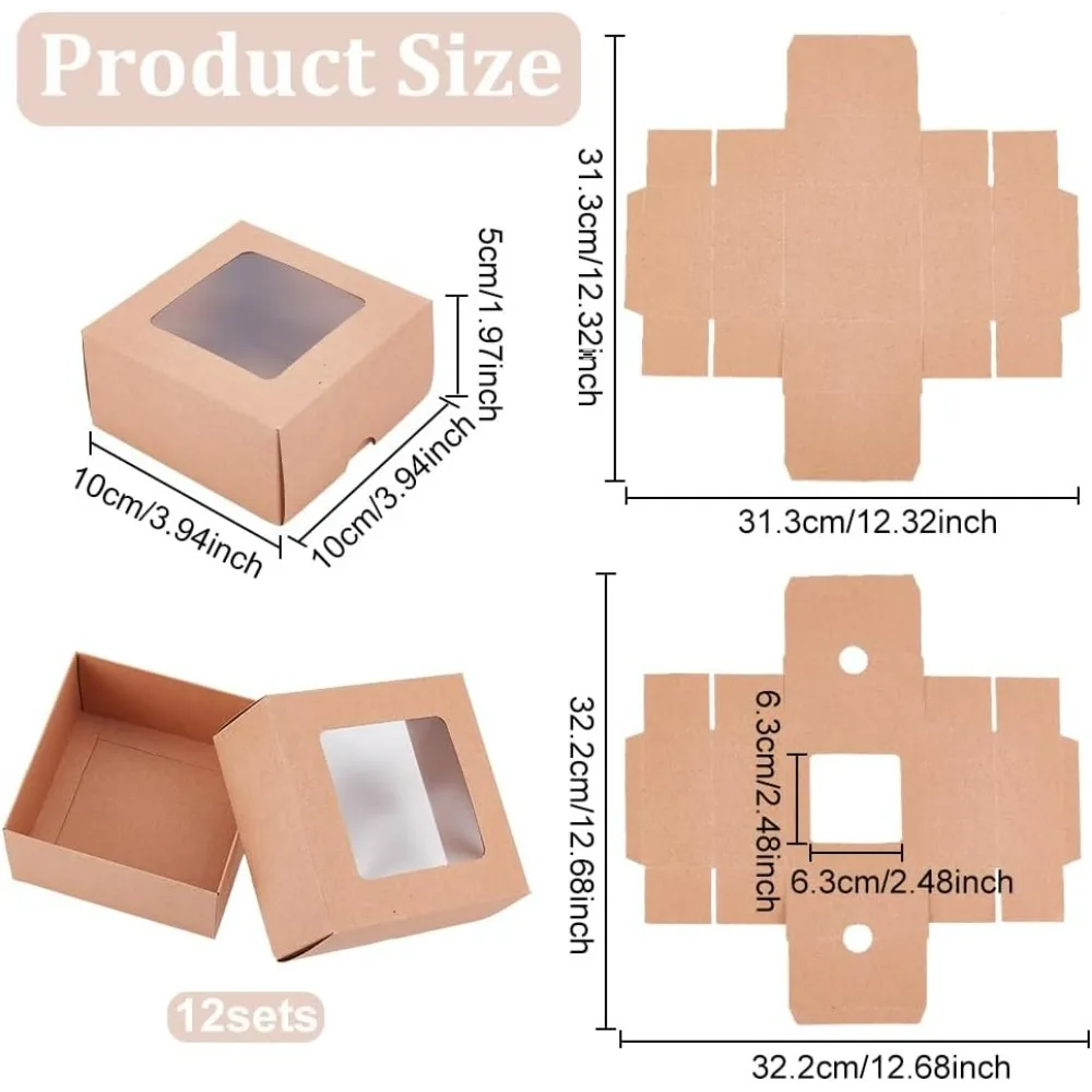 12PCS Brown Kraft Paper Box with Clear Window, 4x4x2inch Square Kraft Paper Gift Box, Suitable for Wedding Party Gifts, Jewelry