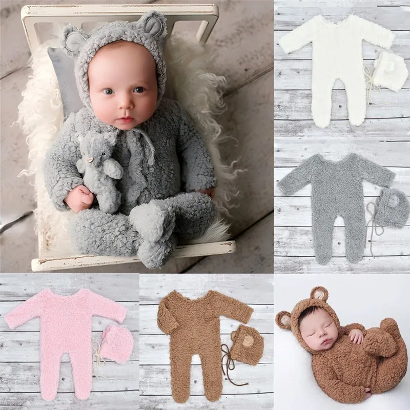 ❤️Newborn Photography Clothing Plush Teddy Bear Hat+Jumpsuits 2Pcs/set Studio Baby Photo Prop Accessories Clothes Outfits