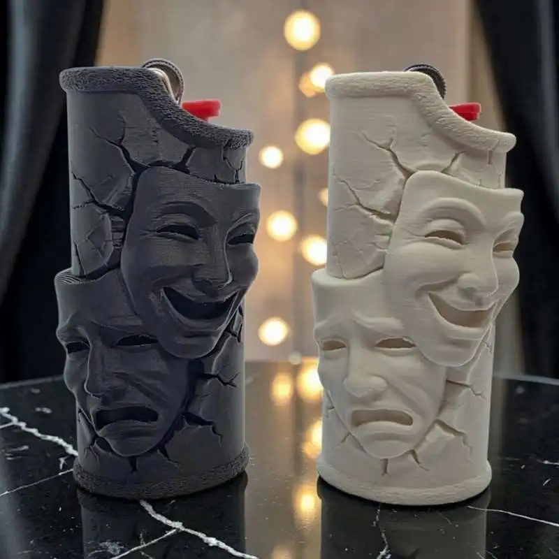 Theater Mask Lighter Case Cracked Tragedy Comedy Face Lighter Sleeve Decorative Smoking Accessory view 2