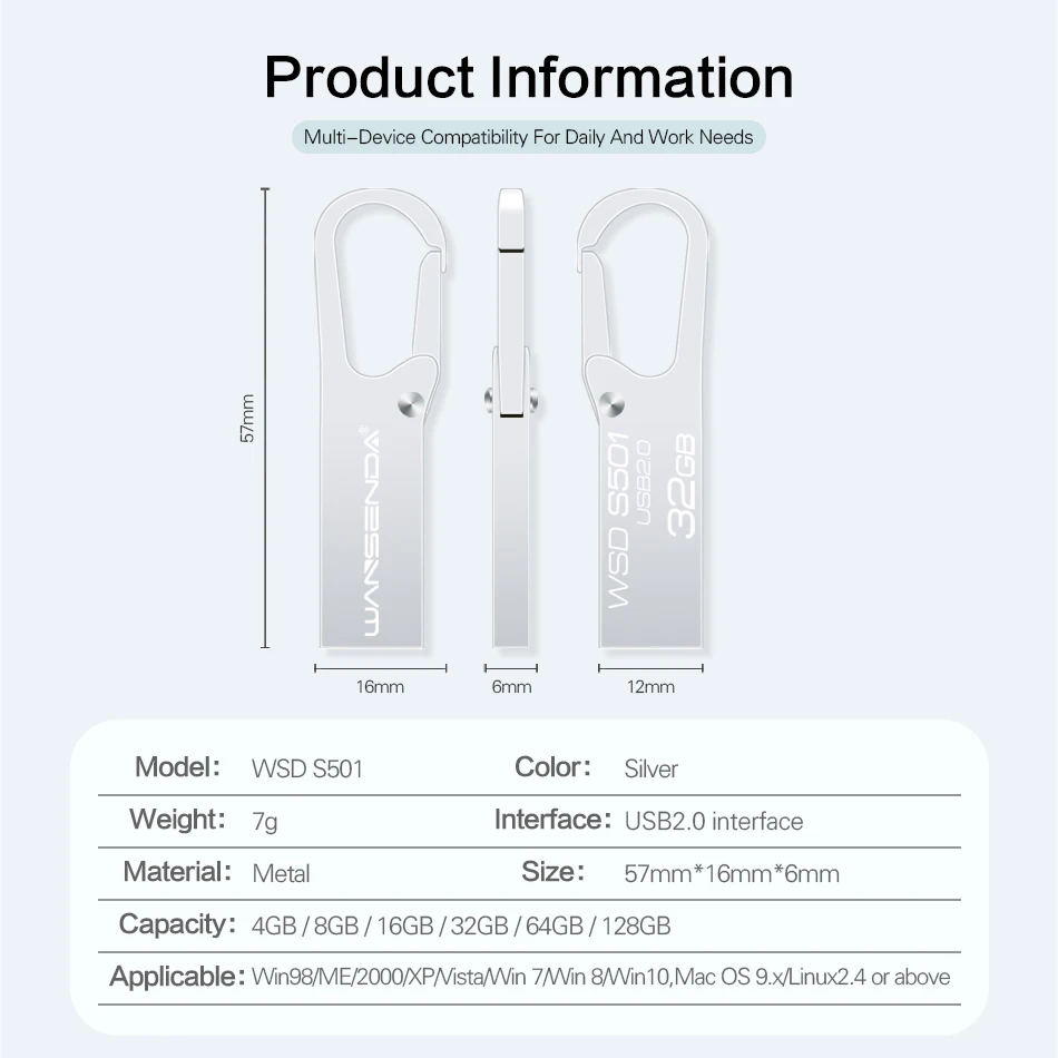 ใหม่ WANSENDA USB 2.0 แฟลชไดรฟ์ Key CHAIN ไดรฟ์ปากกา 4GB 8GB 16GB 32GB 64GB Pendrive แบบพกพาโลหะ USB Memory Stick