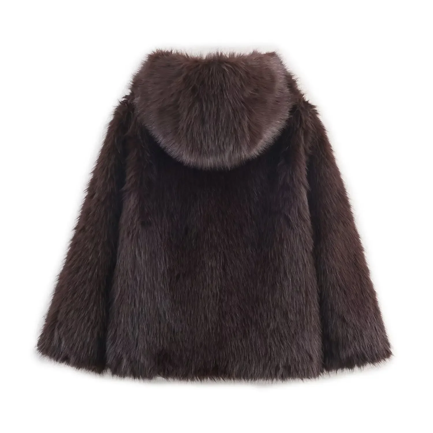 여성 겨울 데일리 스트리트 코트 브라운 후드 인조 모피 재킷 여성 캐주얼 시크 긴팔 싱글 브레스티드 루즈 숏 아우터웨어