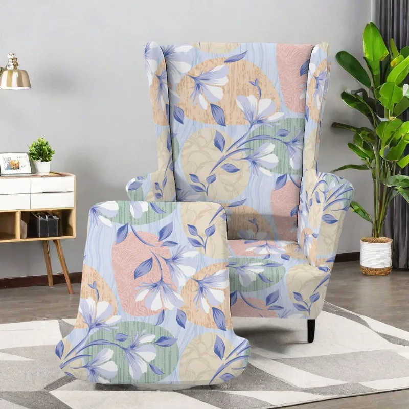 Floral Printed High Back Armchair Covers Spandex Stretch Wing Chair Cover Elastic Relax Sofa Slipcovers with Seat Cushion Cover