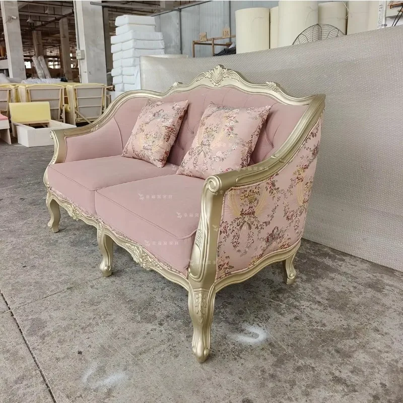 Sa-1  French Solid Wood Living Room Double Three-Seater Sofa European Gold Villa Combination Dirty Pink Fabric Snap-Button Sofa