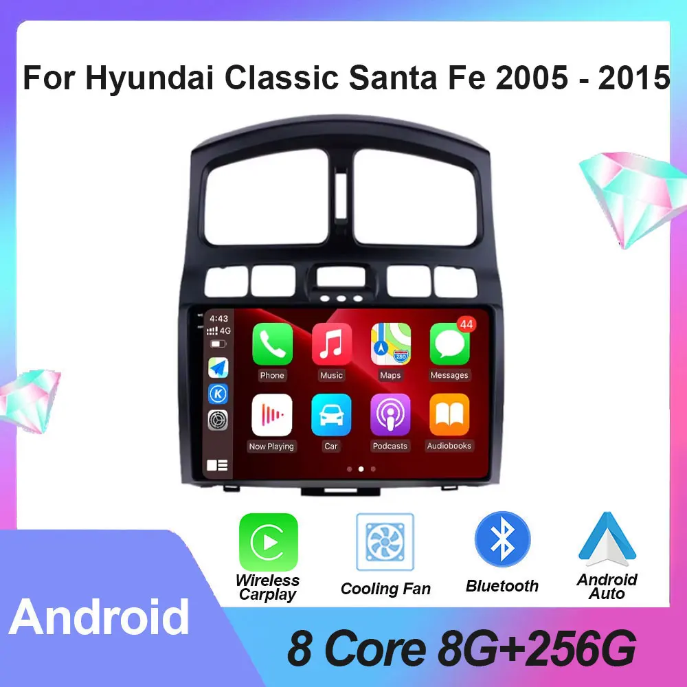 Android Auto Car Radio For Hyundai Classic Santa Fe 2005 - 2015 Multimedia GPS DSP Wireless Carplay