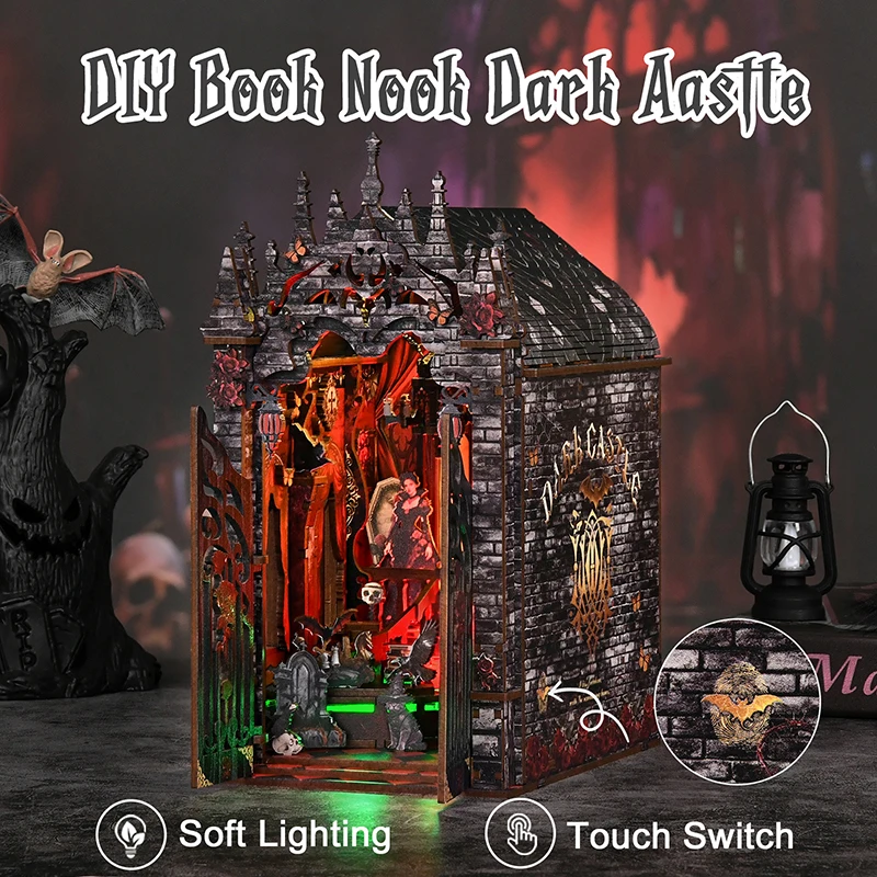 DIY Gothic Book Nook Kit 3D Wooden Miniature Dollhouse with Furniture Handmade Craft Bookshelf Insert Creative Home Decor Gifts