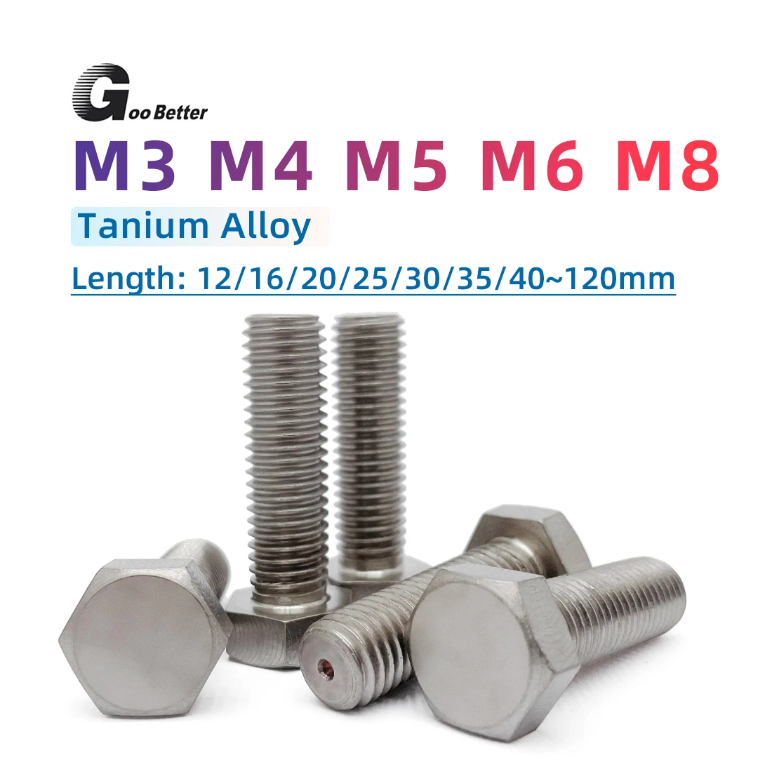 

1Pcs TA2 Titanium Bolts Hex Head Screws M4 M5 M6 M8 Gr2 External Hex Screw All Length