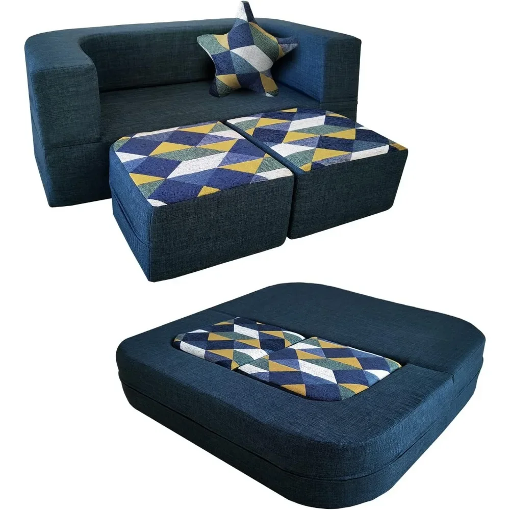 

Couch Convertible Toddler Sofa 4pcs With Memory Foam Fold Out Kids Sofa Bed Children's Sofas Dark Blue Mini Furniture