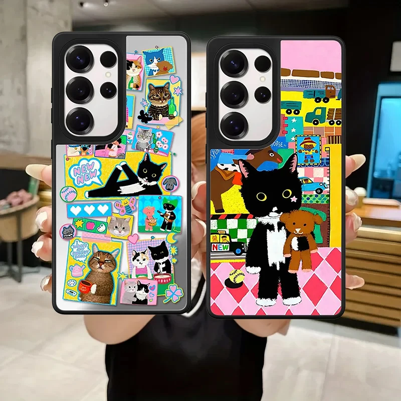 

Cartoon Black Cat Bear Doll Pattern Mirror Surface Case for Samsung Galaxy S26 S25 S24 S23 Ultra S26U S26 Plus Protective Case