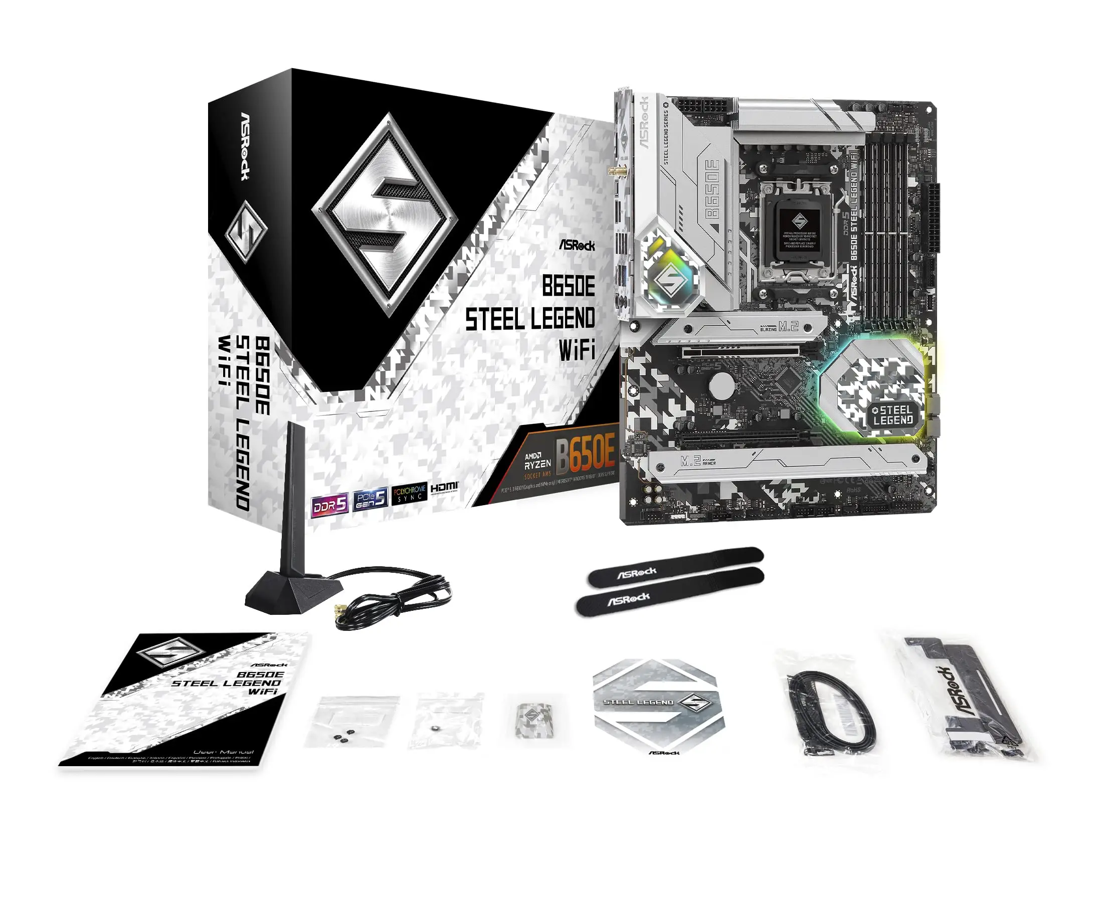 

B650E Steel Legend WiFi AM5 Разъем для игрового настольного компьютера B650 Чипсет PCIe 5,0 слотов для материнской платы с тактовым графическим процессором и M.2 Wi-Fi 6E