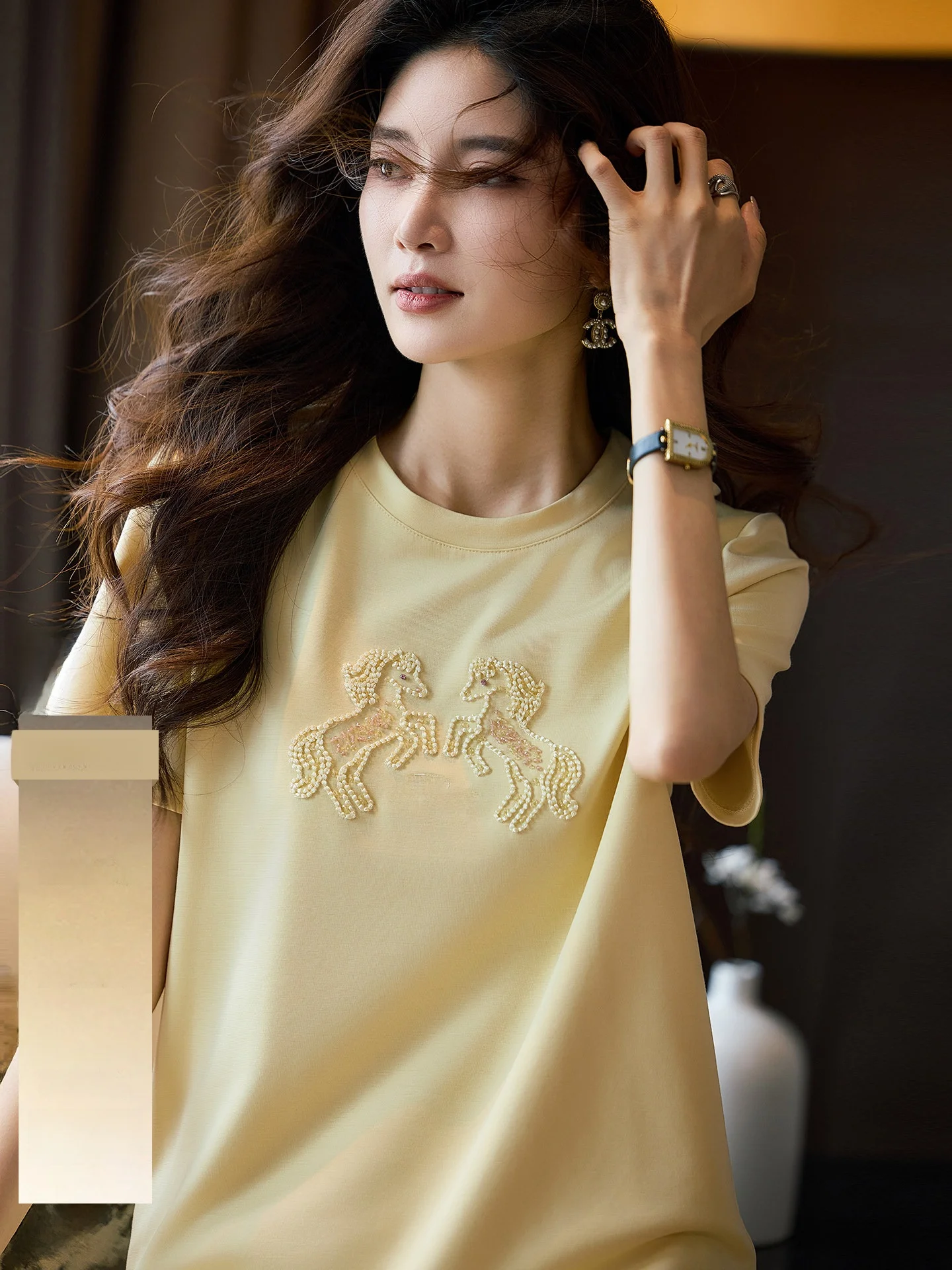 

Casual Embroidered Short Sleeve T-Shirt Women's Spring New Style Street Style Breathable Polyester Cotton Blend round Neck Top