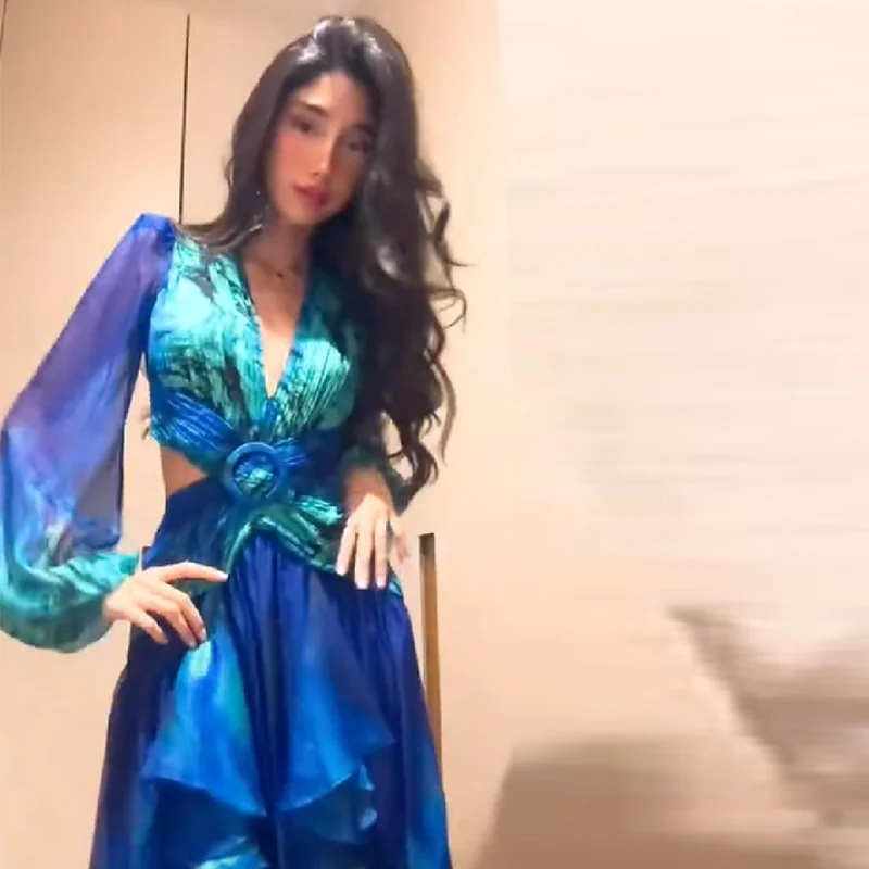 Frauen Trend Romantische Maxi Kleider Lange Ärmeln Tiefem V-kleid Rock Tie-dye Ausschnitt Sheer Chic Kleider Party musik Festival Roben