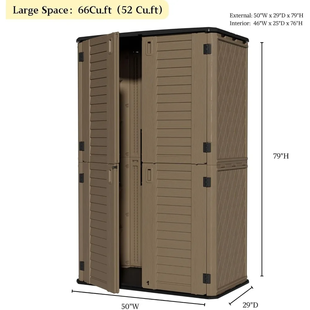 سقيفة تخزين خارجية مقاومة للماء، خزانة راتينج بطول 67 قدم مكعبًا، متينة لأثاث الفناء وأدوات الحدائق وتخزين النفايات