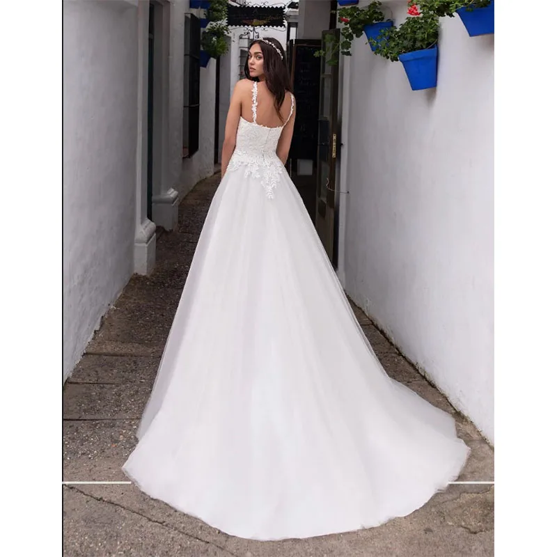 Elegant V Neck Sleeveless A Line Tulle Lace Appliques Floor Length Bridal Wedding Gowns Dresses For Women