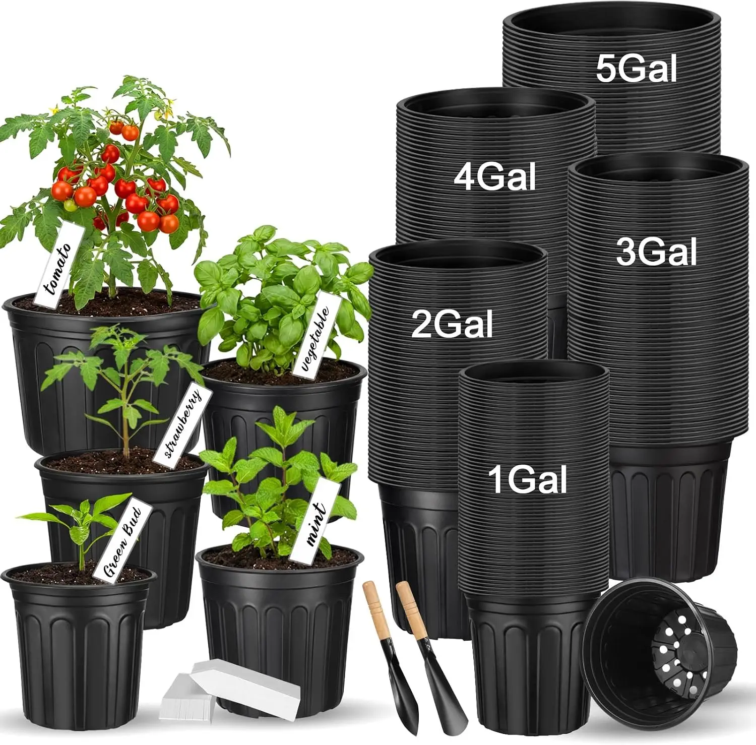 225 Pack 5 Gallon Nursery Pots Bulk Set 5/4/3/2/1 Gal Black Plastic Plant Pots with Drainage Holes, Plant Labels, Mini Shovels,