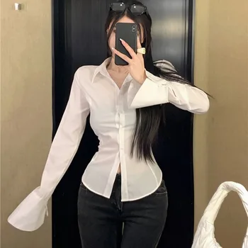 Fashion Women Bandage Shirts Korean All Match Streetwear Female Slim Blouse Spring Casual White Bell Sleeve Shirt New 4