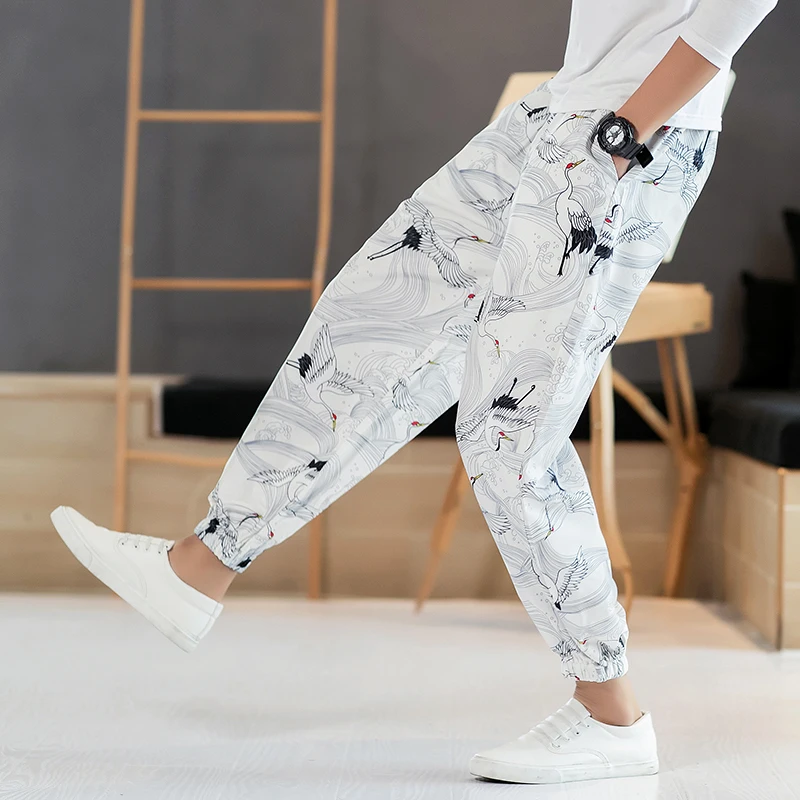 M-5XL Spring Summer Streetwear Harem Pants Mens Pencil Pants Buckle Casual Chinese Crane Printed Bloomers Fashion Trousers Male