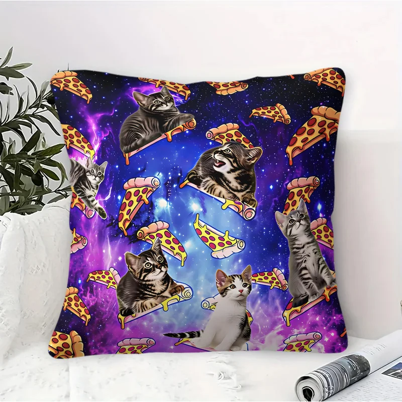 45x45cm-1Pc Microfiber Square Throw Pillow(With Pillow Insert),Ultra-Soft,Skin-Friendly,Funny Purple Galaxy Kitten Pizza Print