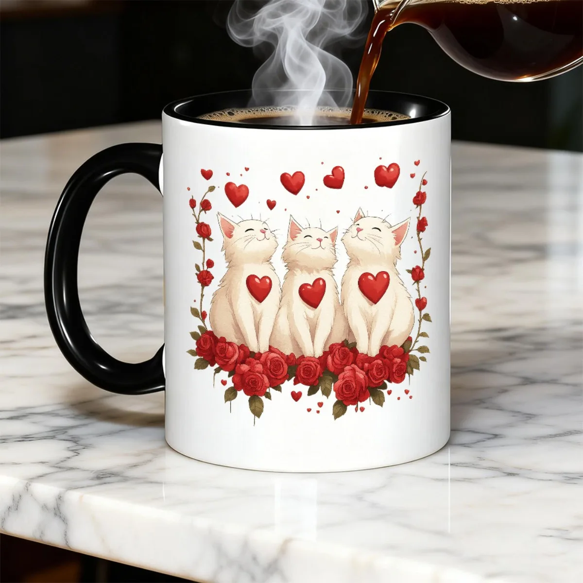 [Home] 11oz White Kitten Heart and Rose Design Beer Mug Funny Design Cup Mother's Day Gifts Couple Style Pa
