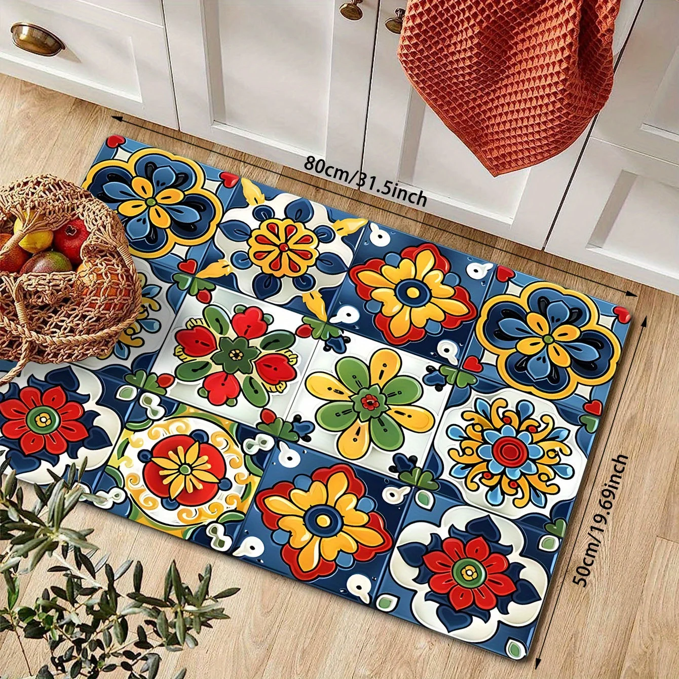VIKAMA Mexican Talavera Floral Tile Kitchen Runner Rug Waterproof Oil‑proof Non‑slip Long Floor Mat For Kitchen Space Rug