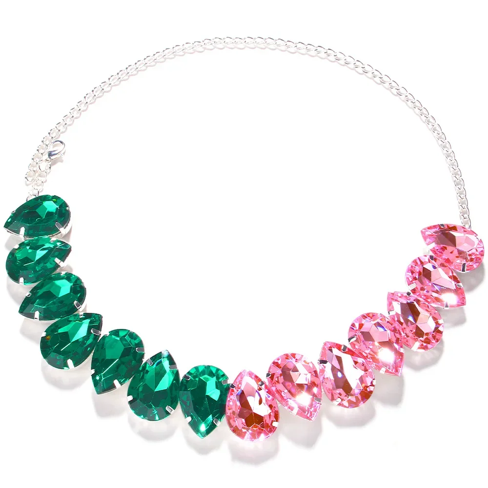 Green and Pink Water Drop Necklace Crystal Choker Jewelry Fashion Irregular Stitching Necklace Collar Wedding Accessories Gift