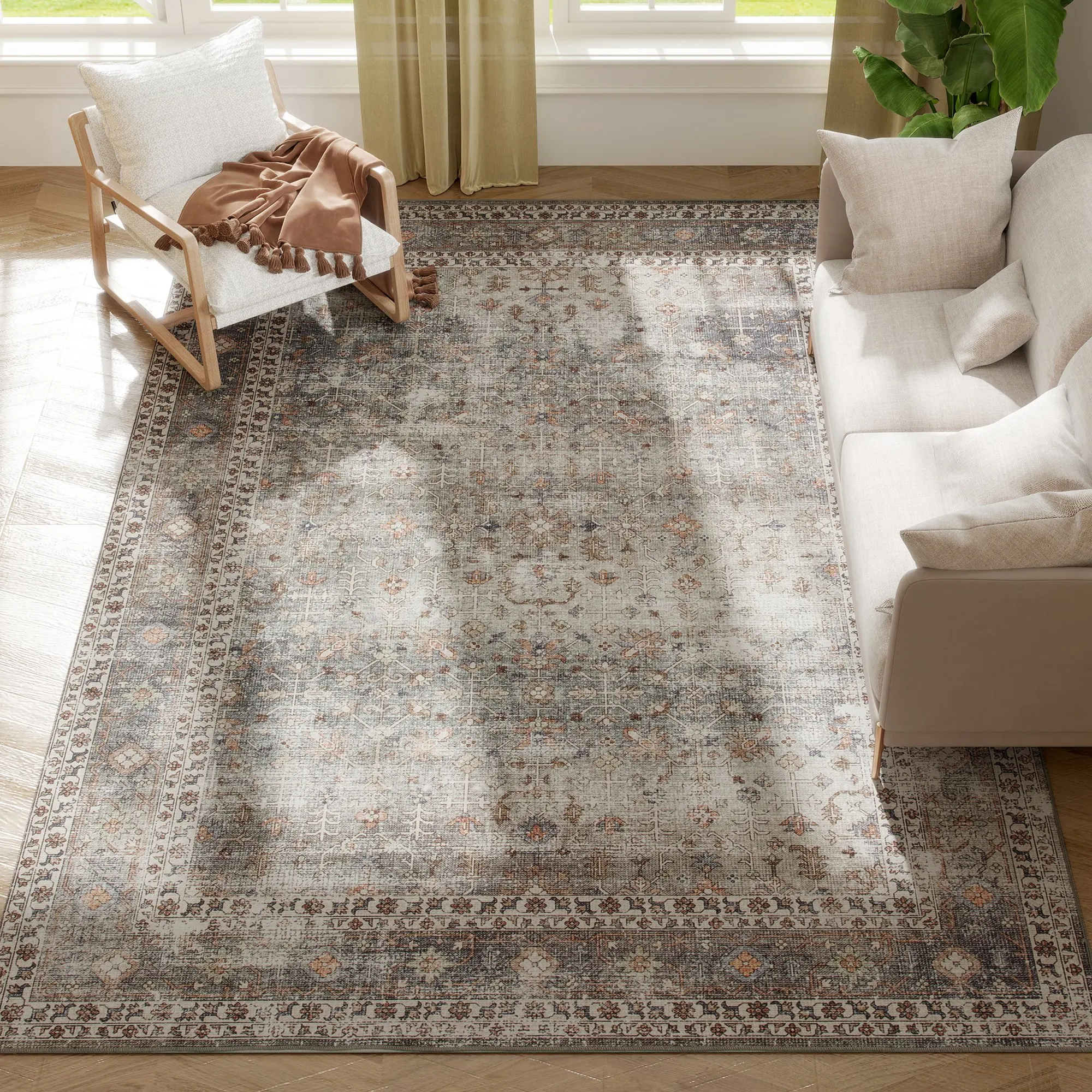 Area Rug 8x10, Machine Washable Rug, Non-Slip Traditional Floor Cover Foldable Carpet for Living Room, Bedroom, Dining Room, Dark Mixed-Brown