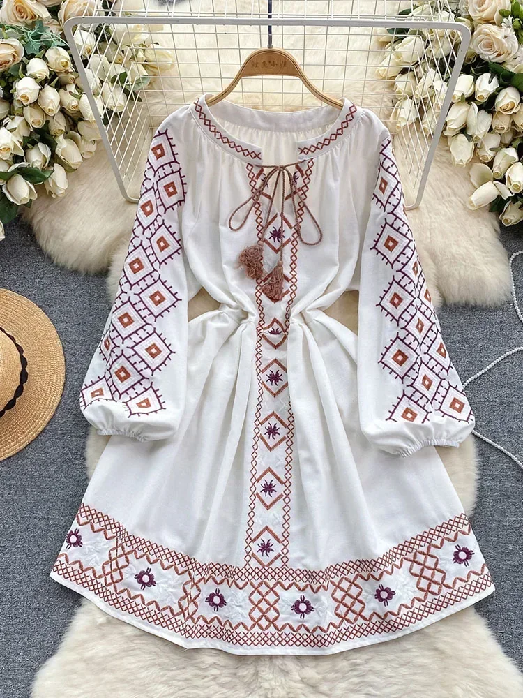 

Spring Dress Bohemian Retro Ethnic Style Diamond Cotton Linen Blend Embroidered Lantern Sleeves Mini Dress Women's