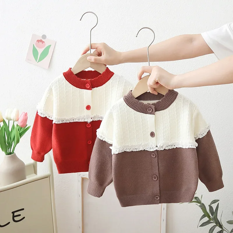 

Preppy Baby Girl Knitwear Patchwork Lace Floral Bordered Sweater Baby Girls Cardigans 0-6 Year Children Knitted Jacket GY07121