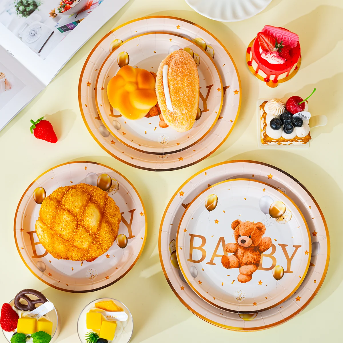 10/25/50pcs Gold Rim Baby Bear Print Disposable Paper Plates 7/9 Inch Round Plates for Gender Reveal view 5