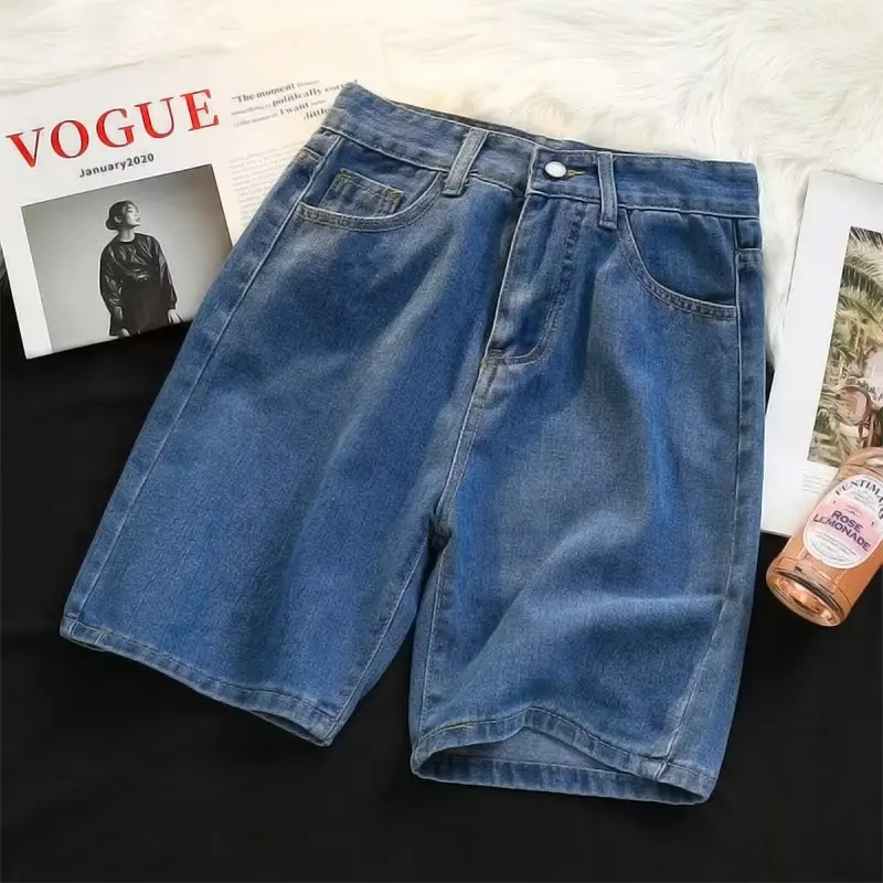 Summer Men\'s Baggy Blue Denim Shorts Fashion Straight Wide Leg Five Points Shorts Jeans Streetwear