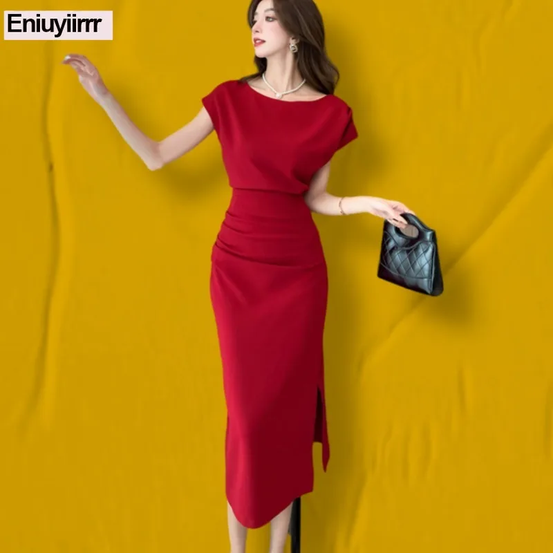 

Hot Sexy Red Party Dresses New Fashion Women Office Lady Solid Wine Elegant Solid Retro Vintage Long Split Slit Dress