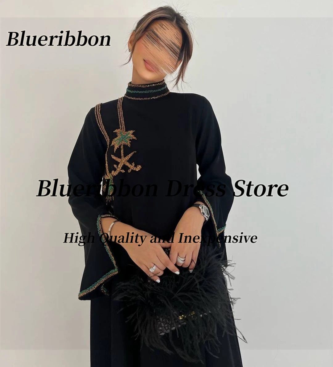 Blueribbon-Vestido de baile frisado gola alta feminino saudita, mangas compridas, vestidos de festa, preto, 2022