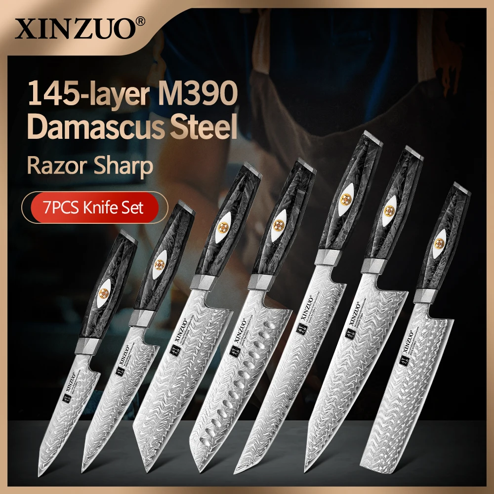 XINZUO 2PCS-7PCS Damascus Steel Knife Set With 145 Layers M390 Steel Black Carbon Fiber Handle Rust - Resistant  Gift Box