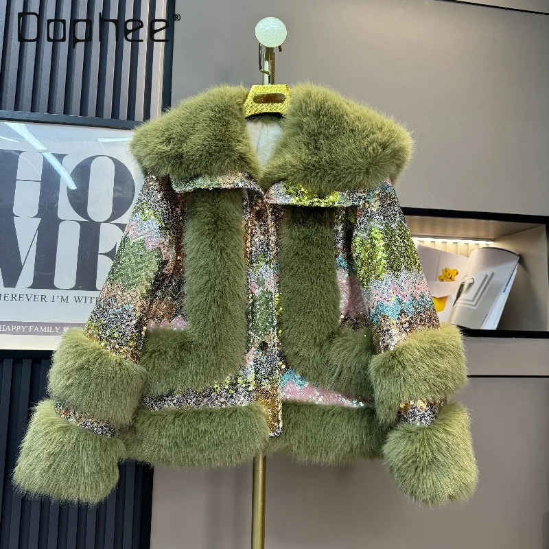 

High-end Fashion Sequin Eco-friendly Fur Coat Women European New Trendy Turn-down Collar Thickened Warm Mink Fur Coat Female