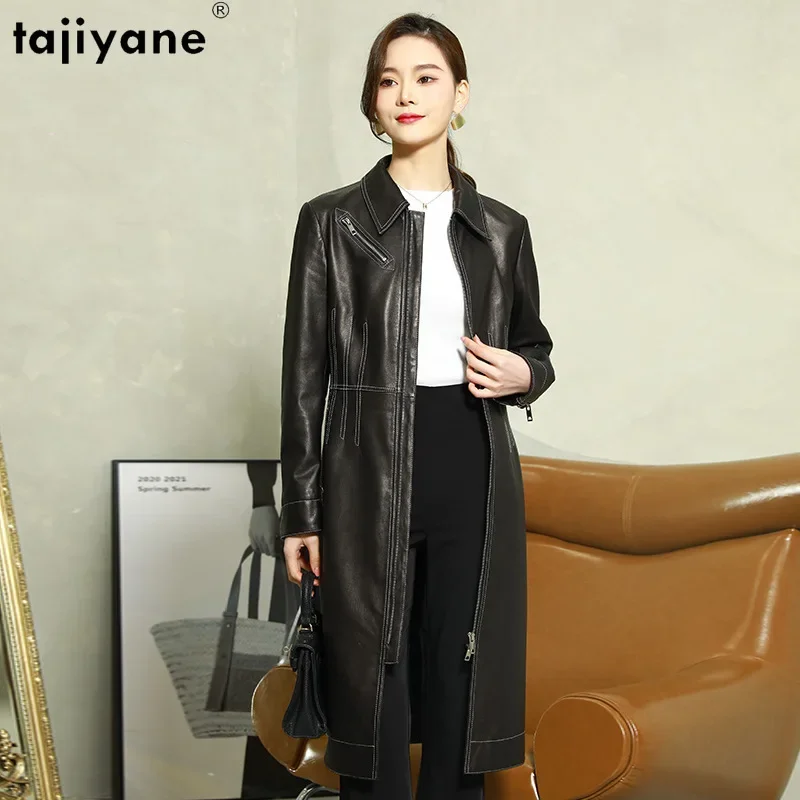 Tajiyane 100 % echte Schaffell-Lederjacke für Damen, 23, mittellanger, lässiger Echtledermantel, modische Lederjacken, Windjacke