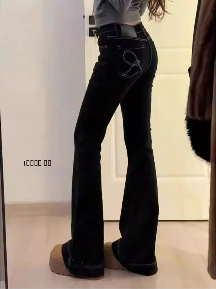 

Джинсы-колокольчики с высокой талией и вышивкой для женщин, утягивающие брюки-копыта, повседневные длинные брюки, устойчивые к ношению