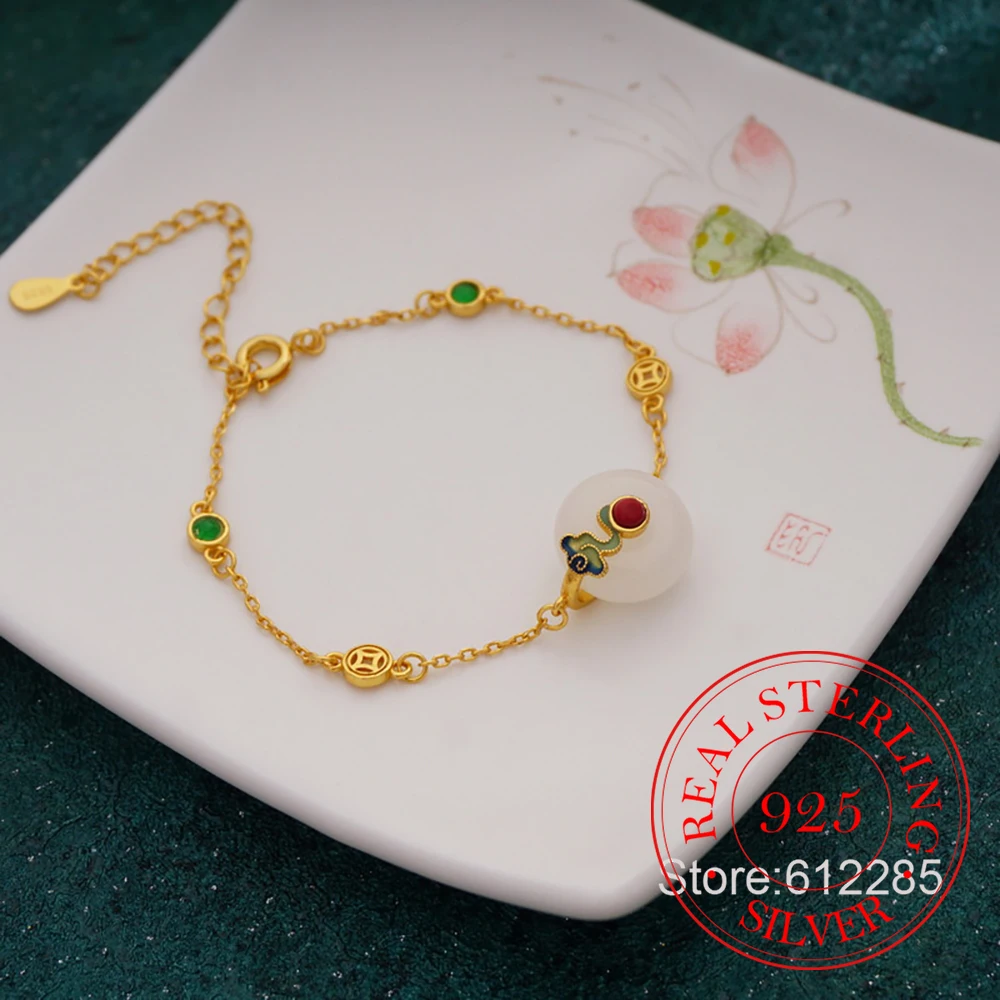 925 Sterling Silver Jewelry 18K Gold Plated Vintage Natural Jade Charm Bracelets for Women Homme Wedding Party Jewelry Gift