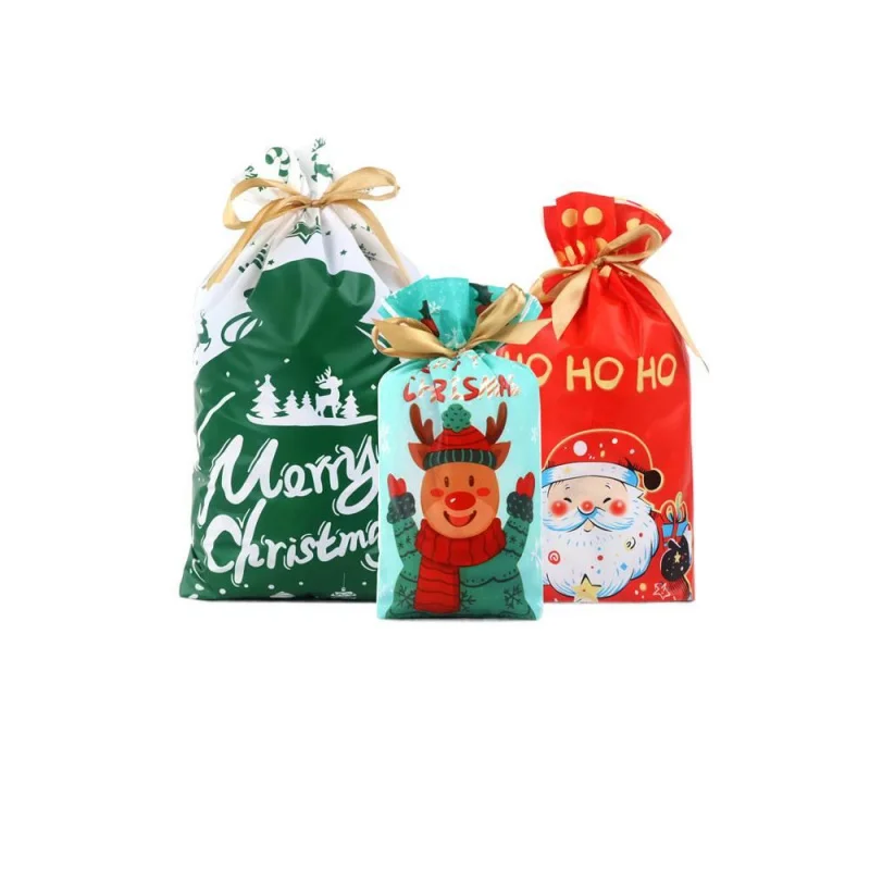 

2025 New Christmas Gift Bags Ready Drawstring Candy Bags Set Plastic Packing Gift Bag Box 50pcs