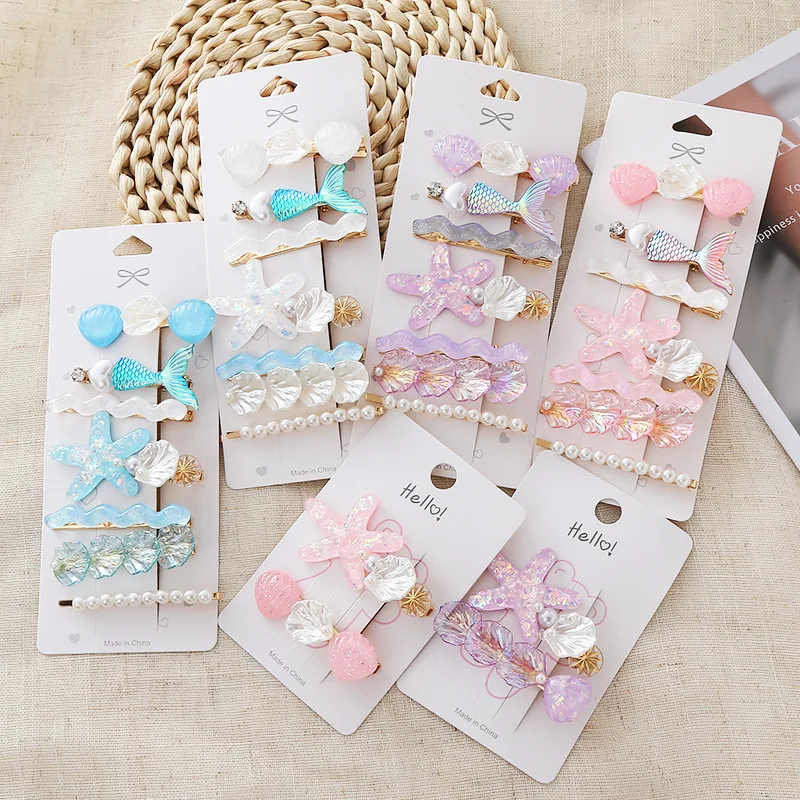 

Fashion Colorful Starfish Women's Ocean Hairpin Resin Side Clip Cute Mermaid Bangs Hair Clip Combo Set Headpiece Jewelry Gift