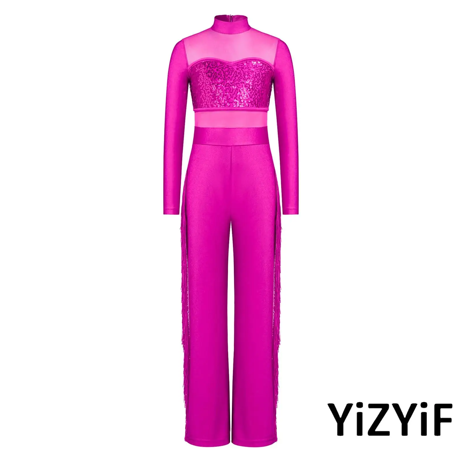 Girls Latin Tango Dance Jumpsuit Ballroom Latin Dance Costume Mock Neck Long Sleeve Mesh Patchwork Sequin Bodice Tassel Unitards