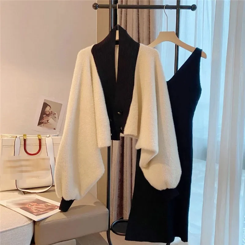 

2023 New Long Sleeve Temperament Gentle Style Wear Set Women's Small Fragrance Short Sweater V-Neck Knitted Skirt Two Piece Set