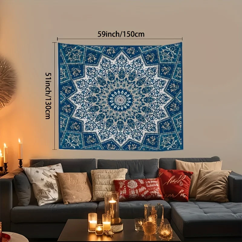 Elegant Blue Mediterranean Moroccan Tapestry Wall Hanging Bohemian Boho Ethnic Geometric Islamic Decor Polyester Fabric Poster f