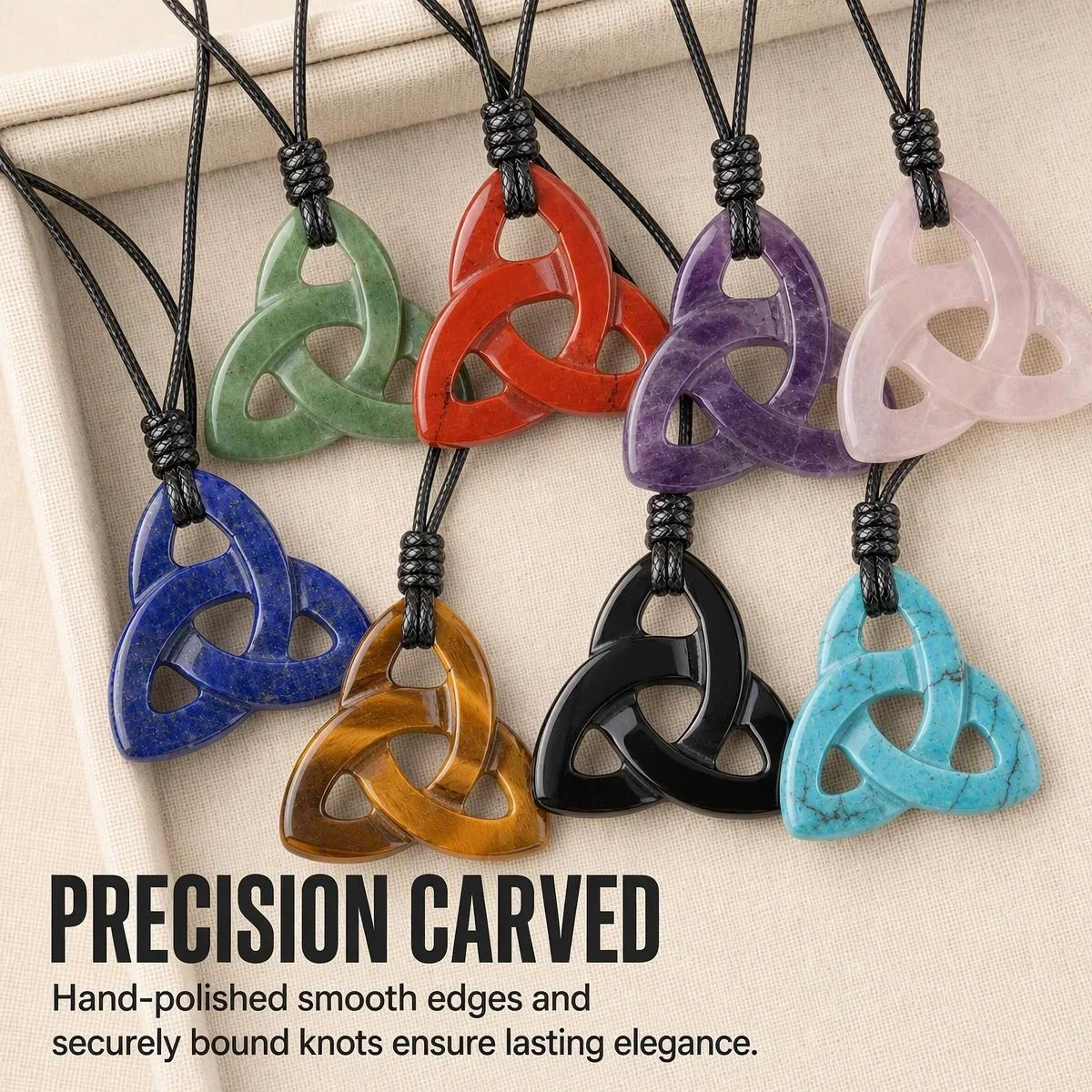 JOYAGIFT Gemstone Triquetra Celtic Knot Pendant Adjustable Wax Cord Chakra Stone Irish Symbol Necklace Spiritual Jewelry