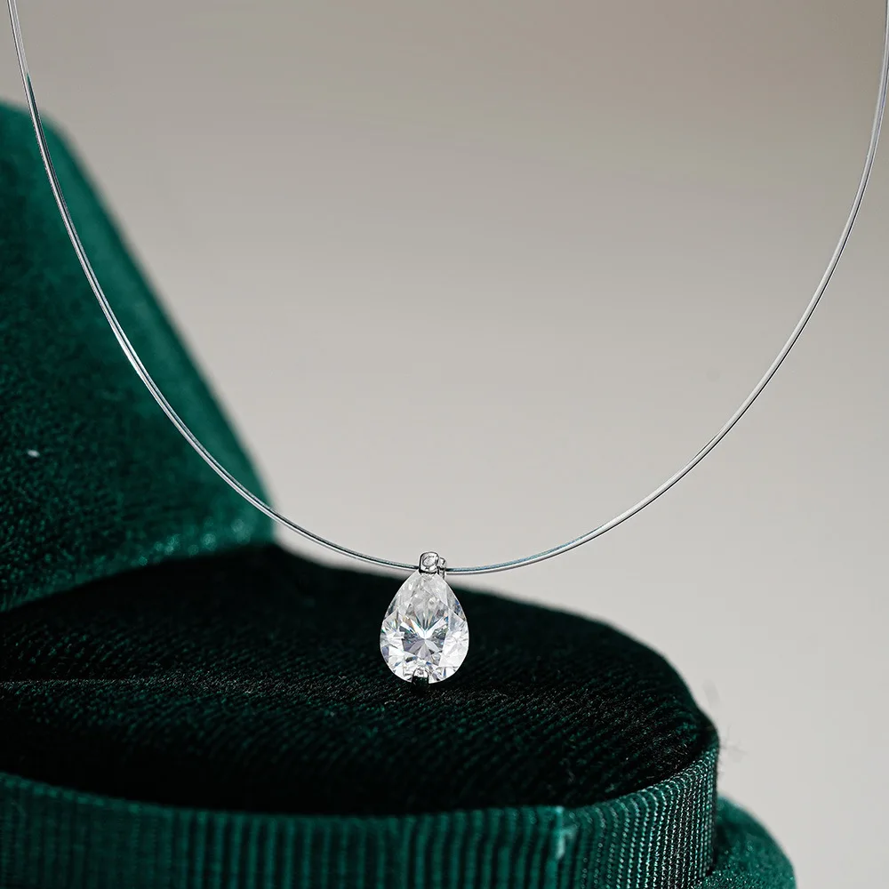 New transparent fishing line silver pendant necklace, water drop moissanite collarbone chain, mermaid tears necklace