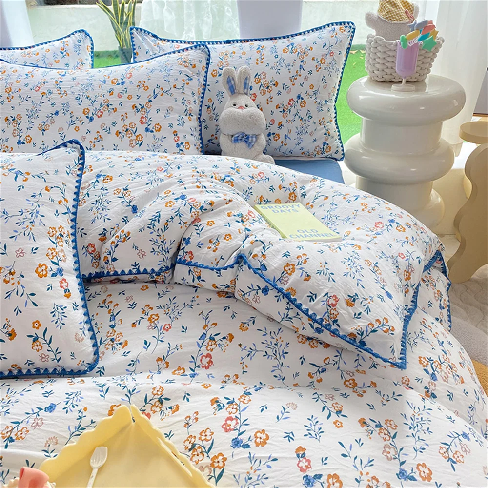 French Style Flower Bedding Sets Washed Cotton Bed Linens Soft Quilt Cover Sheet Couple Girls Floral Bedspread Home Textiles