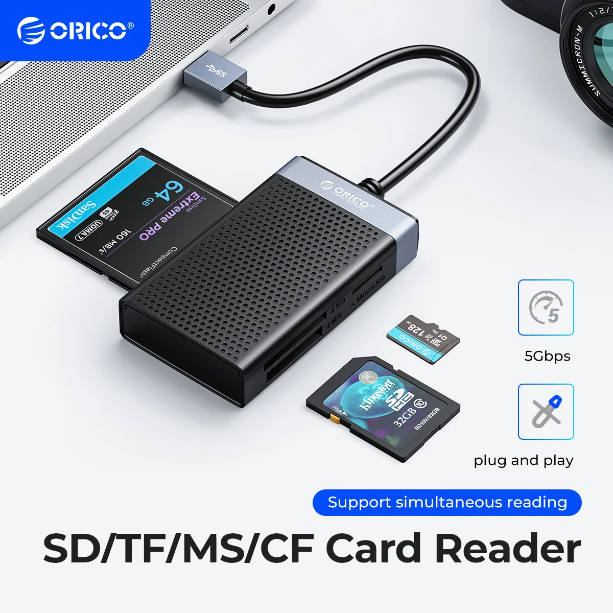 ORICO USB 3.0 USB C Card Reader 4 in 1 Memory Smart Card Reader SD TF CF MS Compact Flash Card Adapter 15cm Cable for Laptop