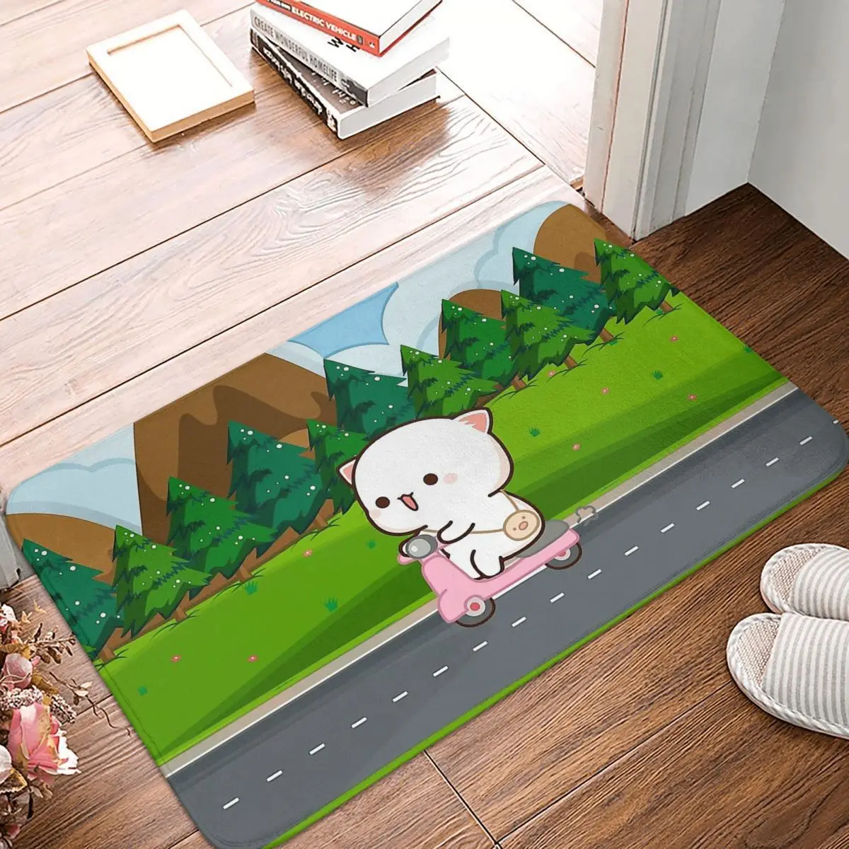 Peach Cat Bathroom Mat Riding A Motorbike In Beautiful Road Mochi Doormat Flannel Carpet Balcony Rug Home Decor